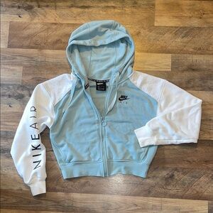 Nike Light Blue and White cropped zip up hoodie size Small